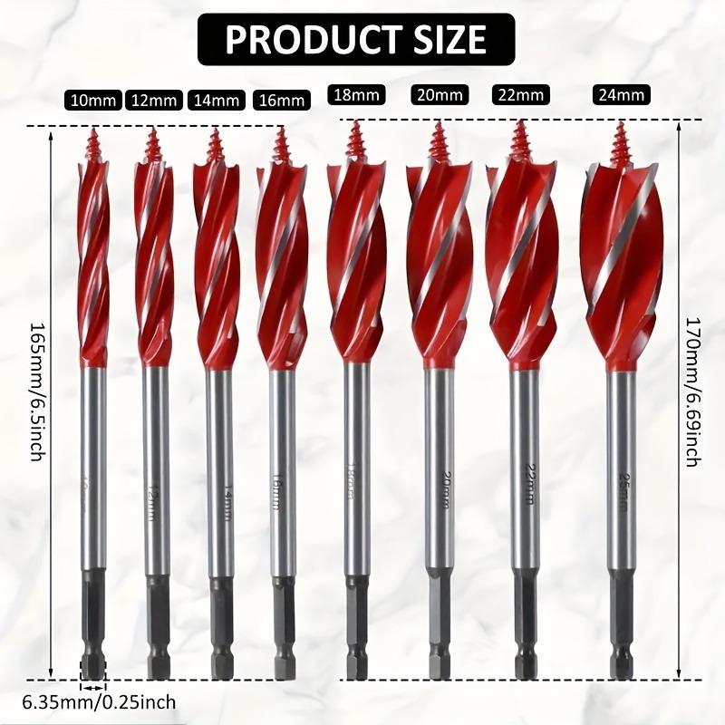 Набор из 8 сверл по дереву - Высокоуглеродистая сталь, 4-зубые режущие сверла, самонарезающий шестигранный хвостовик 10-25 мм, прецизионные сверла для глубоких отверстий для твердой древесины