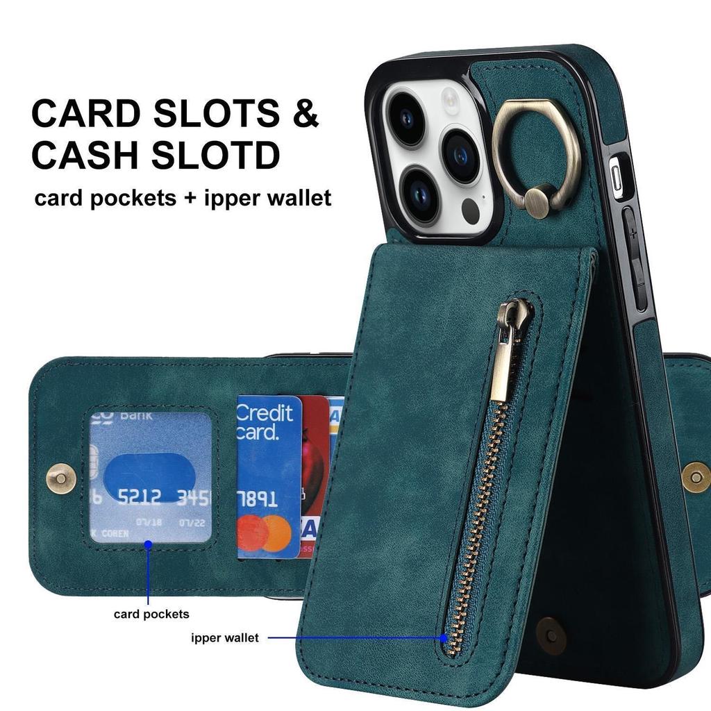 Кожаный чехол-кошелек с держателем для карт с откидным кольцом на 360° и подставкой на молнии для iPhone 15 14 13 12 11 Pro Max XS MAX/Samsung S23 S22 S21 Ultra Plus A13 A14 A53