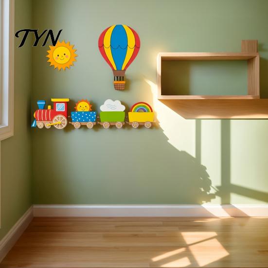 Non Damaging Wall Decor 4Pcs Cartoon Train Hot Air Balloon 3D Wooden Decor, Colorful Kids Lightweight Wood Signs Room Hanging, Nursery Educational