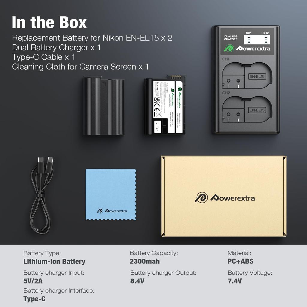 Powerextra and Dual USB Charger Set for Nikon D850 Cameras EN-EL15a, EN-EL15b, EN-EL15c Zf, Z8, Z7, Z7II, Z6, Z6III, D7500, D7000, D7100, D7200, D500,