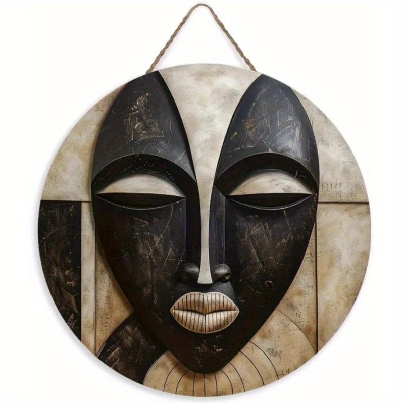 Wood Unique African Mask Circular Wooden Sign with Artistic Design, Suitable for Door, Wall, Home, Room, Farmhouse, Street, Shop, Garage, Bar, Garden