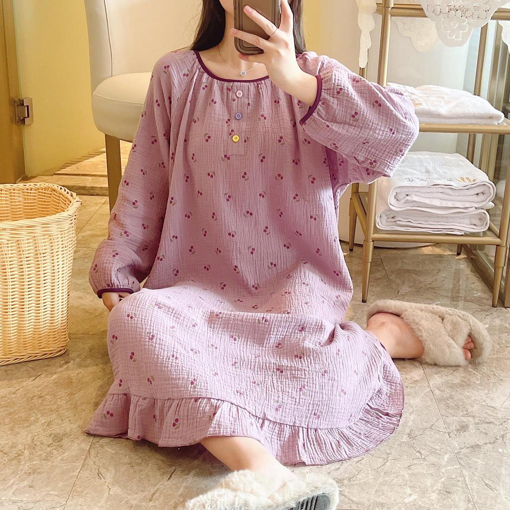 Women's Double-Layer Cotton Gauze Nightgown - Soft, Printed, Long-Sleeve, Mid-Length, Suitable for Spring and Autumn Wear