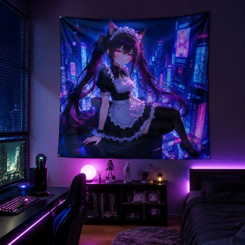 Cyber Maid Anime Blacklight Tapestry Neon Wall Hanging Cool Gaming Aesthetic Bedroom Dorm Decor