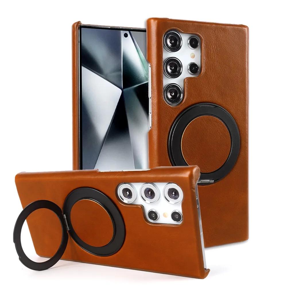 Luxury Genuine Leather Case For Samsung Galaxy S24 Ultra S23 S22 S21FE S20 Note20 S23FE Magnetic Ring Stand Bracket Phone Cases