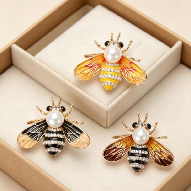 Fashion Enamel Honey Bee Brooch Shiny Rhinestone Faux Pearl Durable Alloy Pin for Coat Dress Scarf Gift for Girls