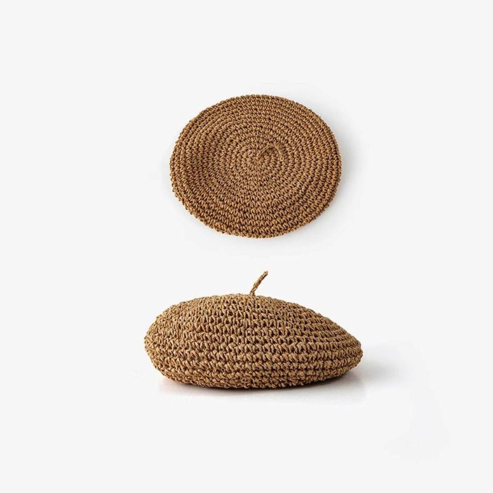 Thin French Crochet Beret Handmade Beach Weave Beret Boho Summer Straw Beret Holiday Wear