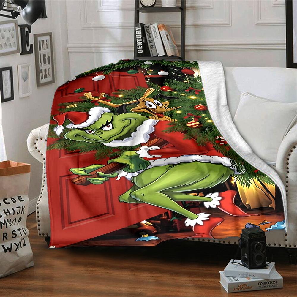 Grinch Christmas Door Scene Blanket Soft Throw Blanket For Home Bedroom Bed Sofa Travel Office Solid Christmas Blanket