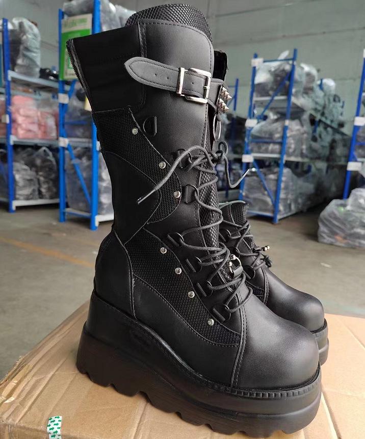 Women's 2022 Punk-Style Wedge Heel Knight Boots - Large Size, European/American, Thick Sole, Mid-Calf.