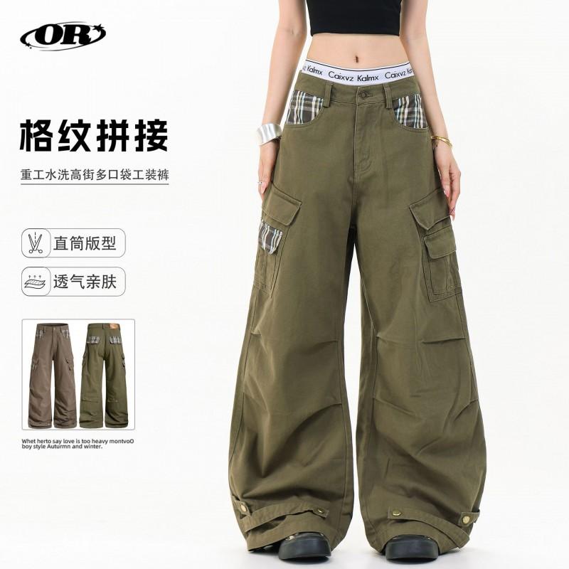 Mens Womens Vintage Americana Cargo Pants With Plaid Patchwork Loose Fit Wide Leg Casual Trousers