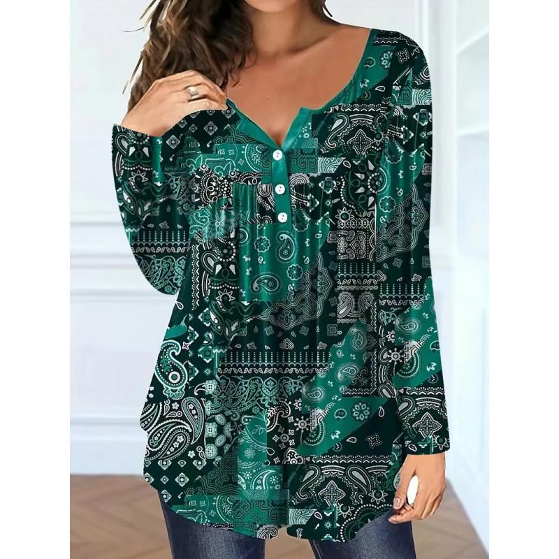 Plus Size Paisley Print Loose V-Neck Button-Up Top Women Casual Elegant Long Sleeve T-Shirt