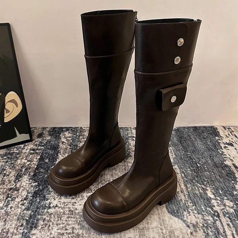 Модная кожаная женская обувь на массивном высоком каблуке, высокие ботинки до колена, на среднем каблуке, женская обувь, тренд 2025, модные зимние элегантные мотоциклетные ботинки, Mujer Botas