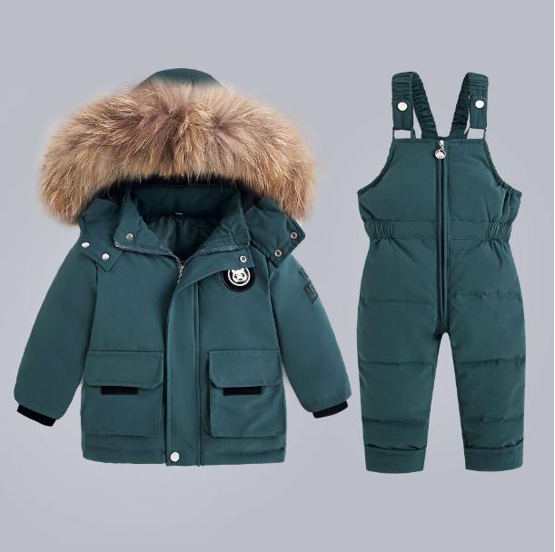 Детский комплект из 2 предметов: Зимняя пуховая куртка и комбинезон для малыша, Утепленная куртка для девочек, Пальто с теплым воротником из натурального меха, Мальчиковый сноусьют