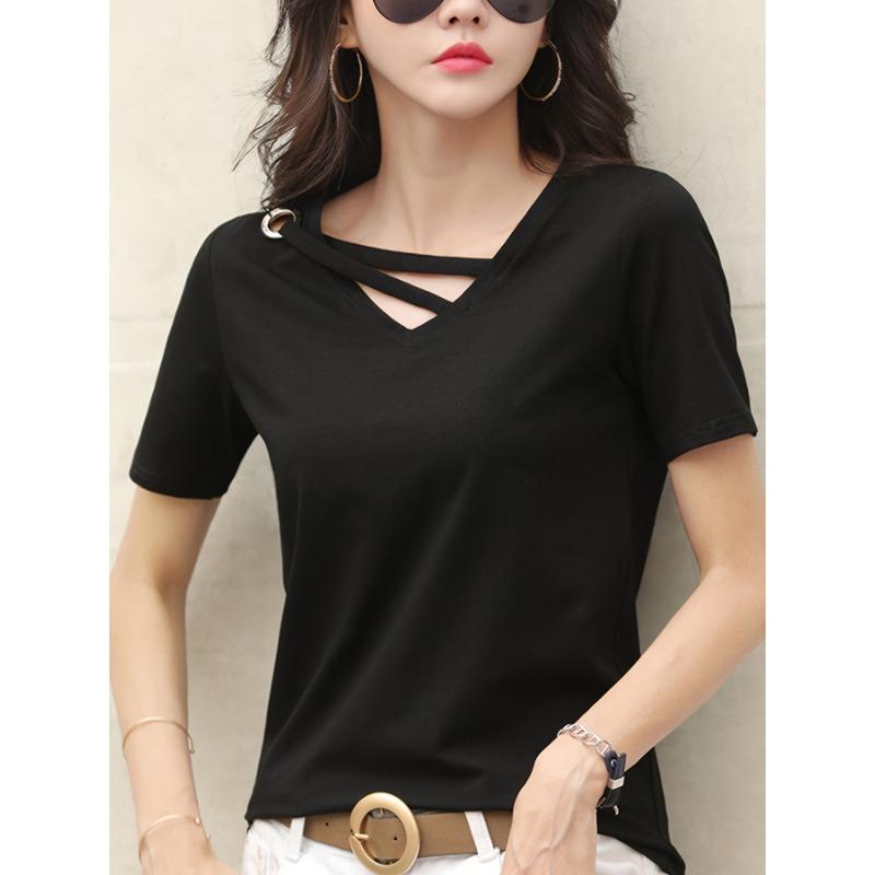Женская повседневная модная летняя белая футболка с V-образным вырезом