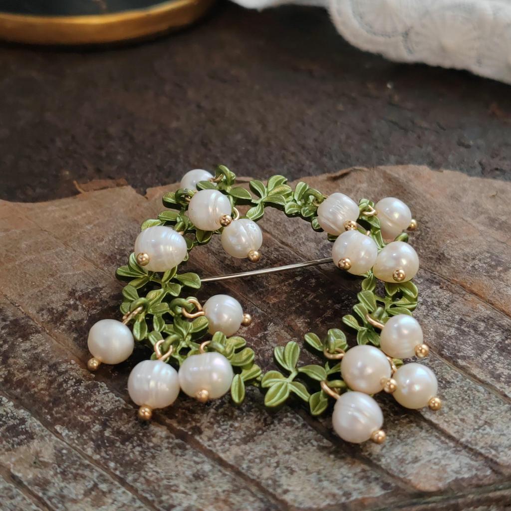 Vintage Lily of the Valley Pendant Brooch with Handmade Enamel Leaves Corsage Pin.