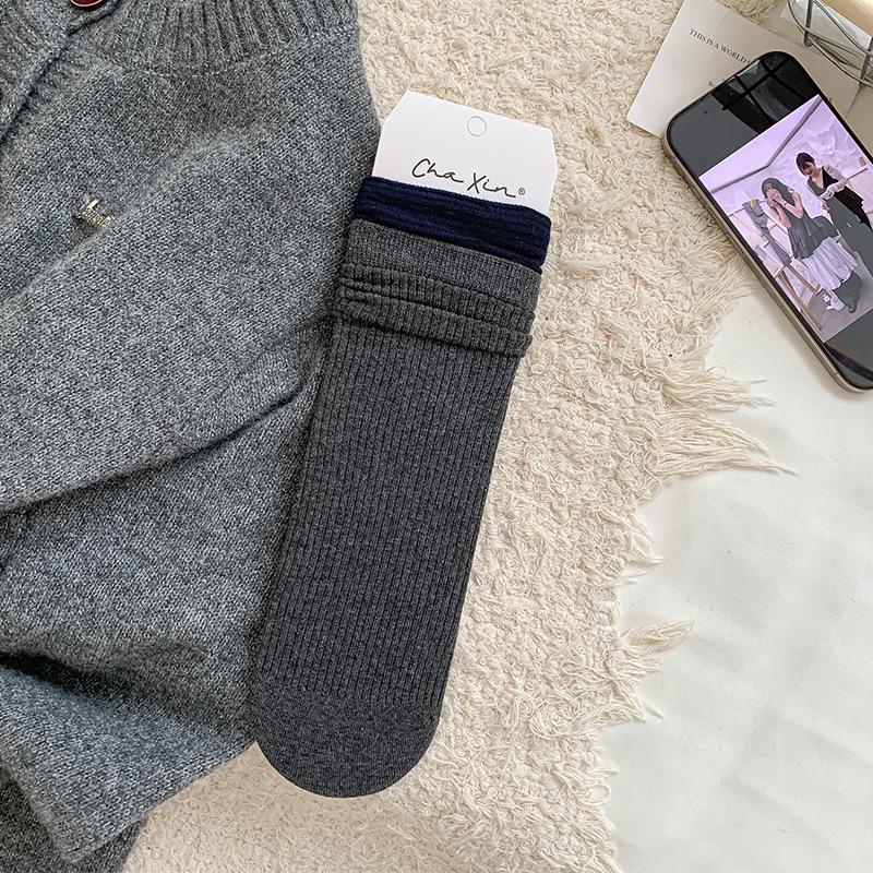 Женские носки в японском стиле в рубчик с полосками, средней длины, серая пэчворк, имитация двух пар, для весны/осени, универсальные, девичья мода