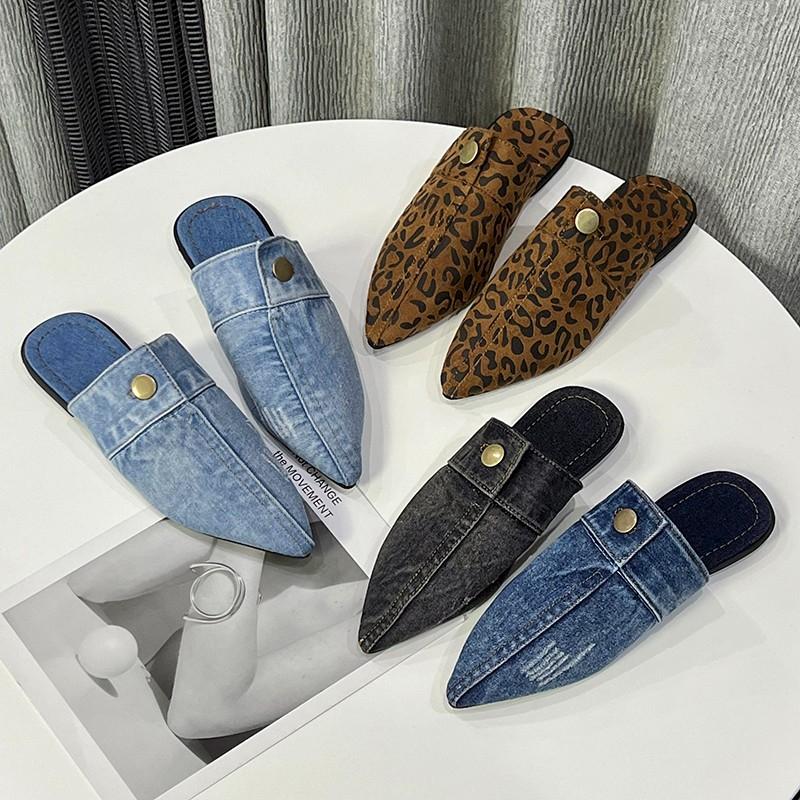 Модные осенние новые туфли-лодочки с острым носком, глубоким вырезом и заклепками, на мягкой подошве, нескользящие, износостойкие, модные джинсовые шлепанцы