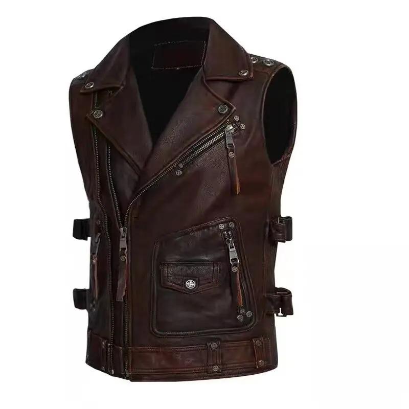 Китайский размер байкерский жилет верхний слой коровьей кожи жилет мужской тонкий короткий мотоциклетный костюм куртка для верховой езды без рукавов настоящий коровий клубный жилет