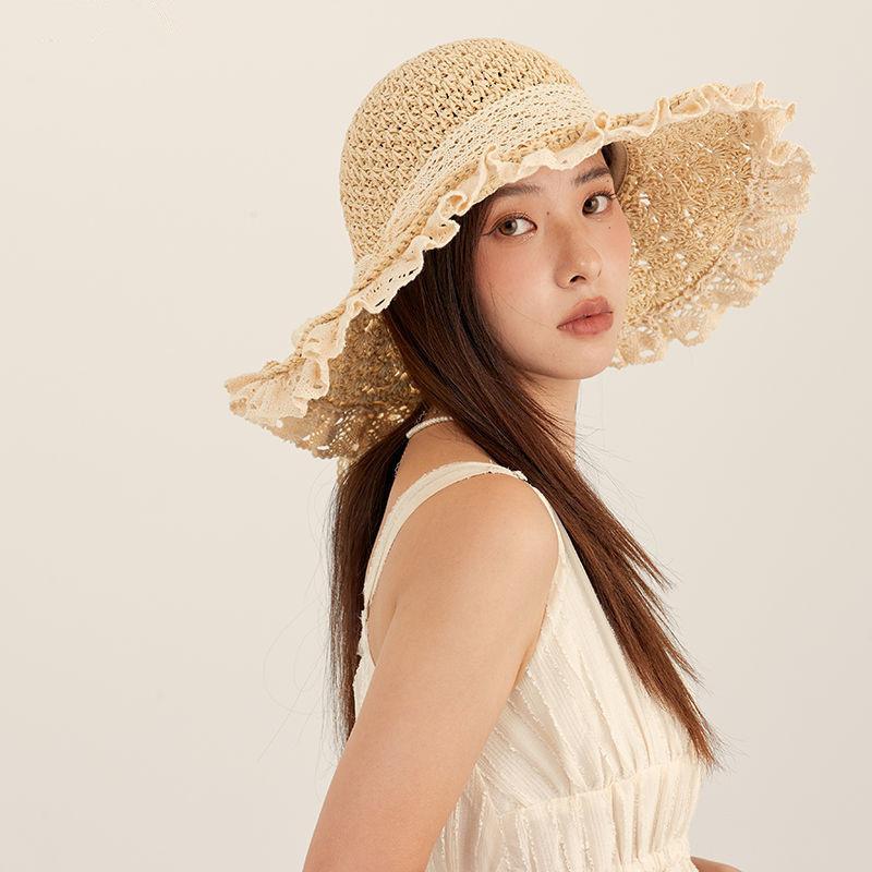 Складная соломенная шляпа с кружевной кромкой, женская летняя плетеная шляпа с бантом, солнцезащитный козырек от солнца, пляжная шляпа