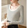Pure Cotton Striped T-shirt for Women Long-sleeved Autumn and Winter New Round Neck Straight Shoulder Top Slim-fitting Slim Base Shirt