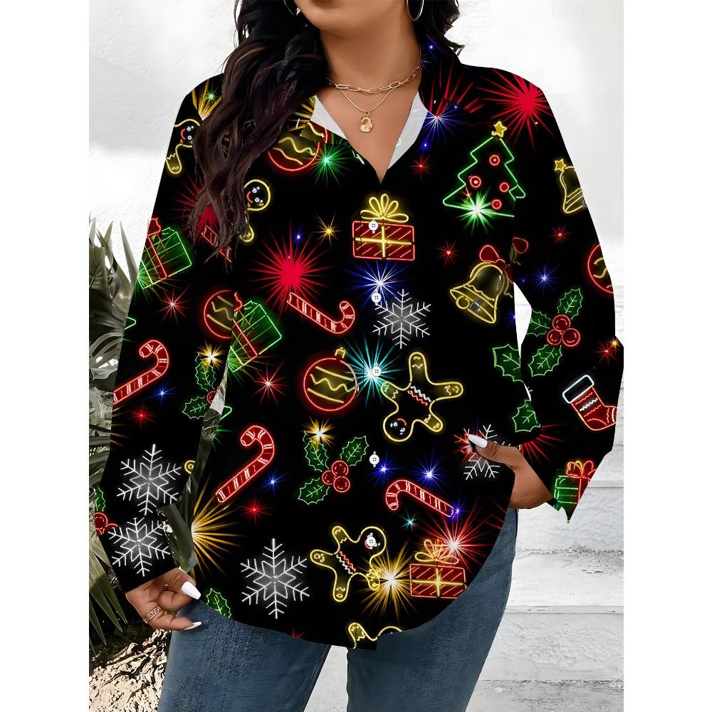 Large Size Women's Long Sleeve Shirt, Christmas Style Print, Loose Print Shirt, Christmas Elements