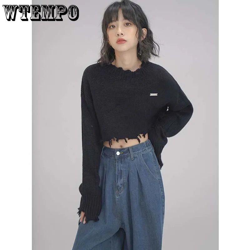 Cropped Knitted Pullovers Women Long Sleeve O-Neck Short Sweaters Girl's Solid Color Casual Irregular Jumpers Streetwear
