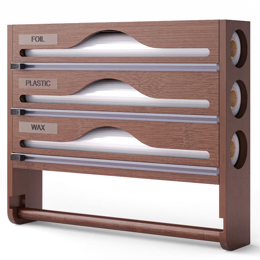 Бамбуковая коробка-диспенсер для пищевой пленки и фольги с отсеком и резаком, кухонный органайзер, аксессуары, интегрированный держатель для бумажных полотенец