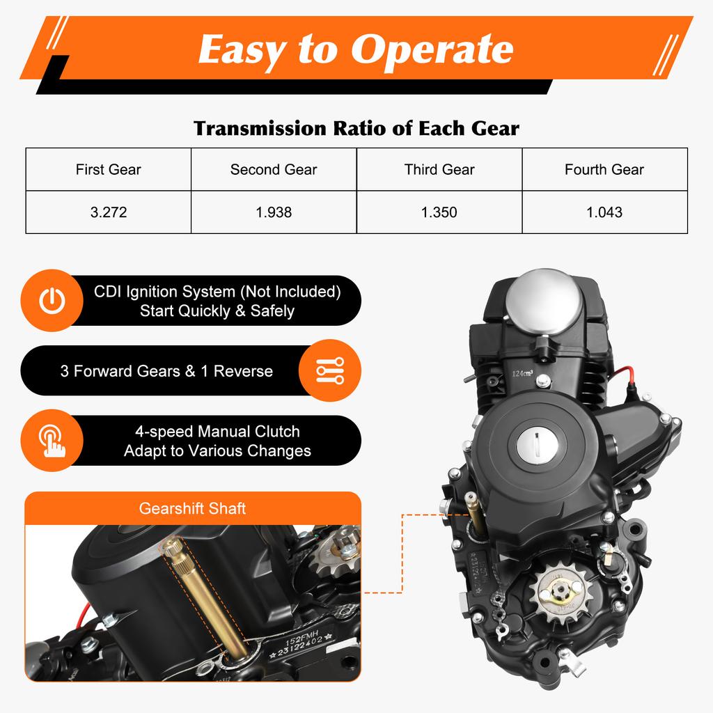 125CC 4-Stroke Engine Motor Complete Kit, 4 Speed Semi-Auto Transmission Motorcycle  Engine ATV Motor with CDI Ignition