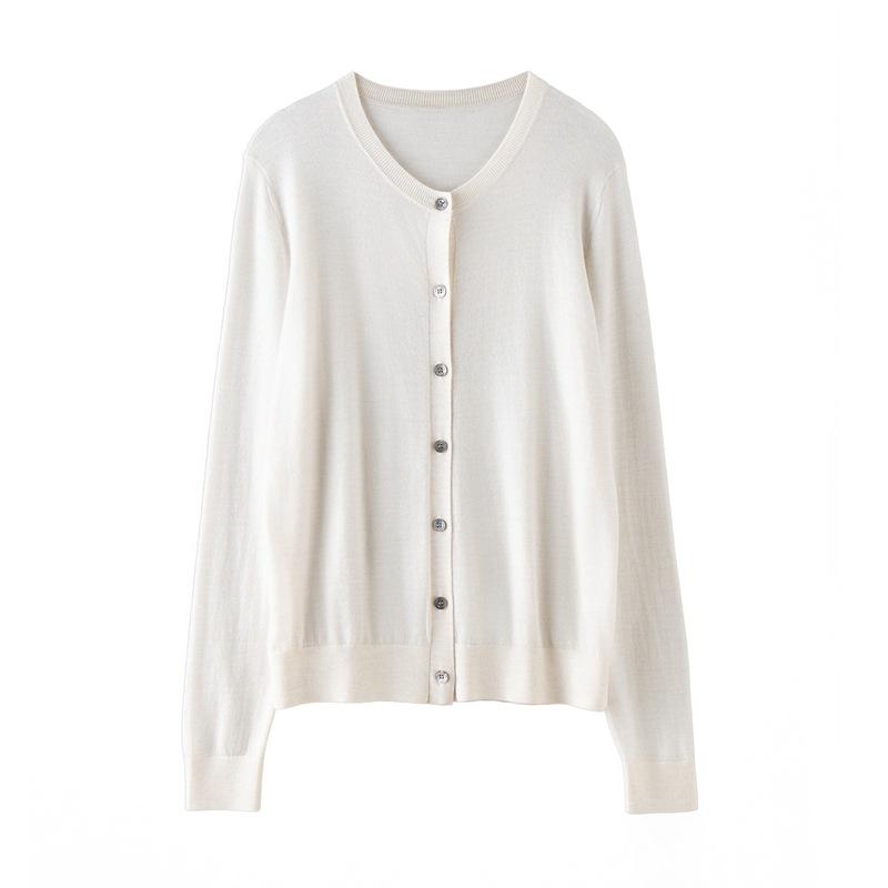 Women's Round Neck Wool Cardigan - 100% Fine Yangzi Yarn, Single-Breasted Knit Sweater