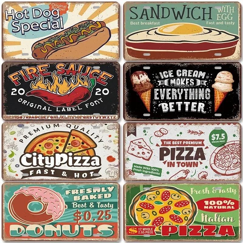 Vintage Delicious Foods Plate Metal Aluminum Sign Pizza Hot Roll Sandwich Donuts Metal Poster Home Cafe Restaurant Wall Decor