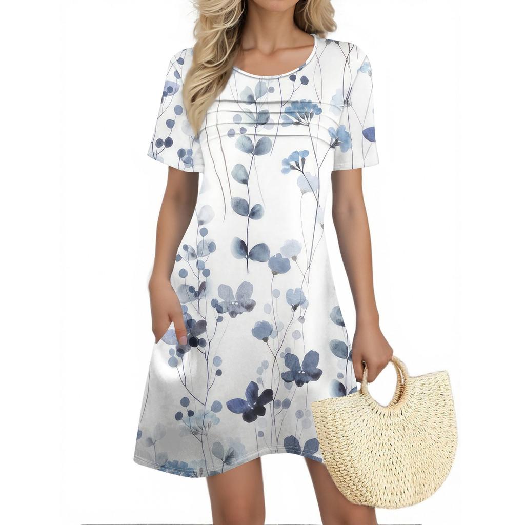 Женские летние платья Женские летние платья с цветочным принтом Повседневные платья с коротким рукавом и круглыми карманами