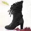Women Lace Women's High Heel Middle Tube Boots Retro Leather Winter Shoes Booties Cowboy