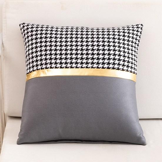 Square Pillow Case Houndstooth Solid Color Golden Strap Splicing Thickened Sofa Bed Decoration Pillow Cushion Cover for Indoor