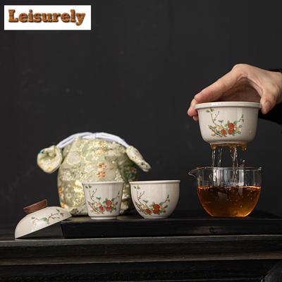 Китайский цветочный набор для чая Grass Ash Travel Tea Set, старинный набор из 1 чайника и 2 чашек, чаша для приготовления чая для пикника, кемпинга, переносная тканевая сумка