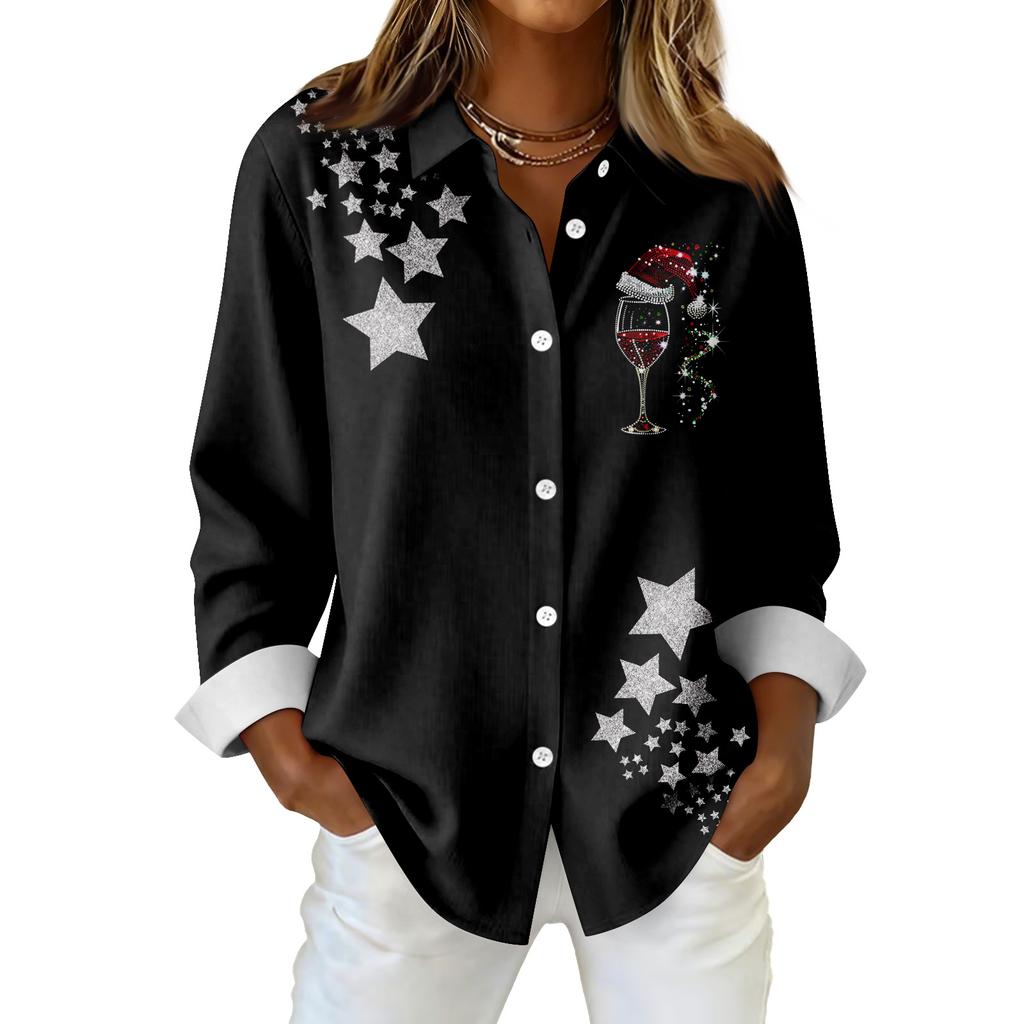Женская рубашка-блузка с принтом и пуговицами, длинный рукав, повседневный базовый рубашечный воротник, обычный топ
