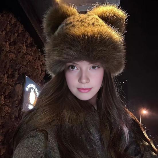 Winter Hat Retro Style Leopard Print Plush Trim Windproof Hat Bear Ear Decor Thickened Warm Women Hat