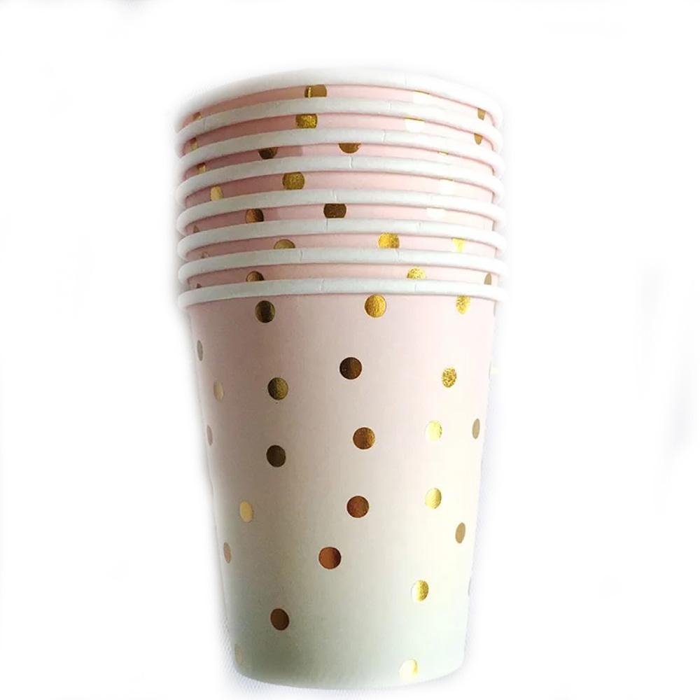 Gradient Color Gold Paper Cups Plates With Bronzing Disposable Paper Tableware For Party Cake Wedding Birthday Banquet Picnic Dessert Decor