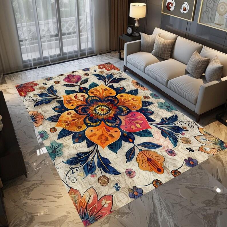 Floral Patterned Non-Slip Washable Rug Stylish Contemporary Living Room Carpet Durable Cozy Area Runner Mat for Home Decor