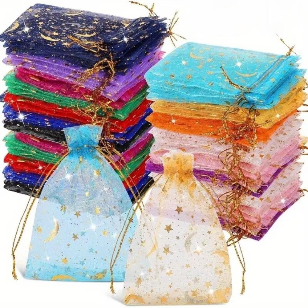 11/11pcs New Moon Stars Drawstring Bags Organza Multi-Color Gift Bags Jewelry Packaging Pouch For Festival Party Wedding