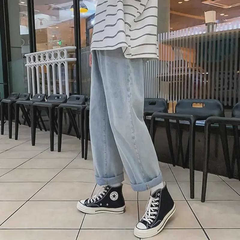 Men's Black Retro Wide-Leg Jeans - New Autumn Trend, High Street Style, Straight Loose Fit, Large Size Available.