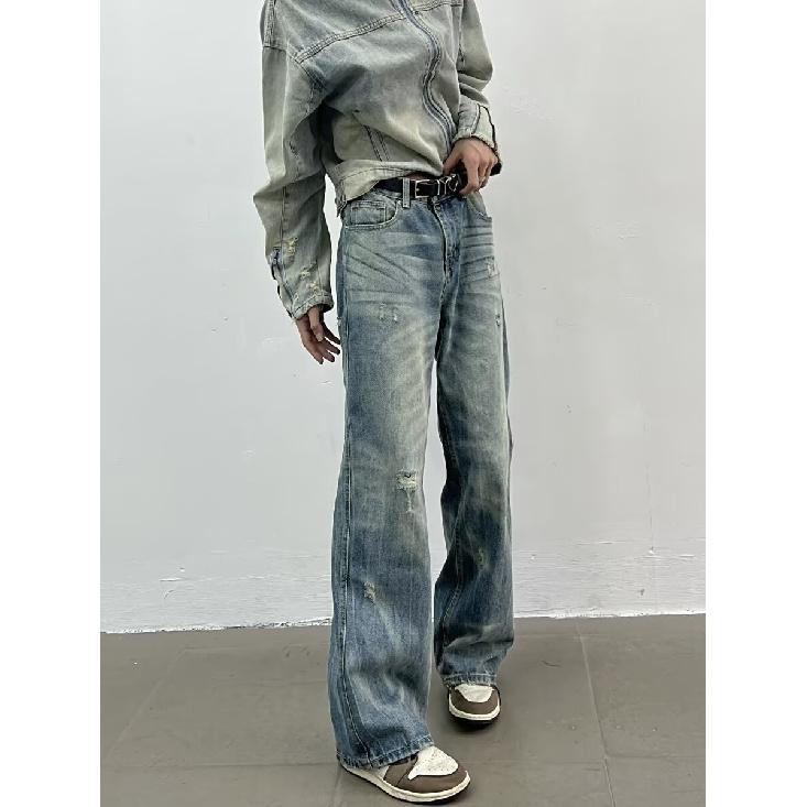 Осень и зима Новые американские джинсы High Street Washed Light Color для мужчин и женщин Прямые слегка расклешенные свободные широкие брюки