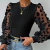 Women Shirt See-through Mesh Flower Applique Round Neck Long Sleeve Solid Color Pullovern Soft Patchwork Twist Texture OL Commut