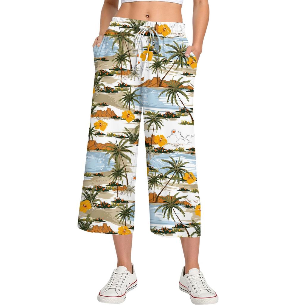 Женские летние повседневные спортивные брюки с высокой талией и принтом, укороченные брюки свободного покроя