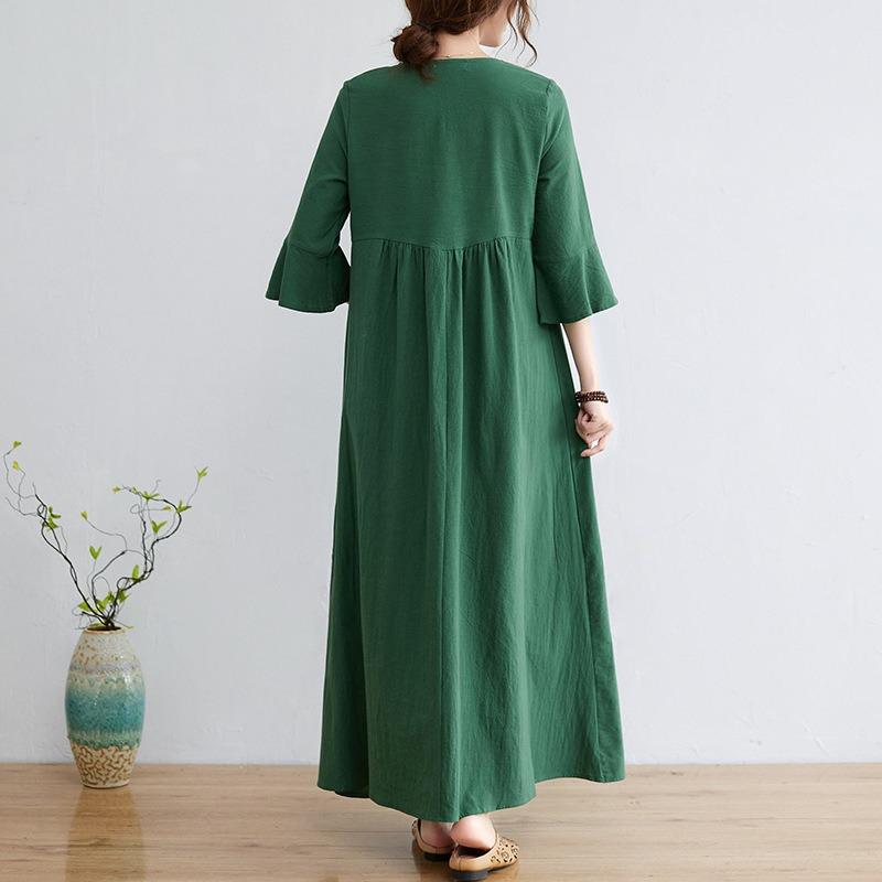 Реальное фото Летнее новое этническое платье свободного кроя с вышивкой в виде цветов из хлопка и льна, с V-образным вырезом и рукавами три четверти, женская одежда