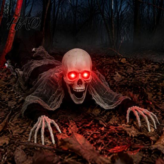 Realistic Cemetery Props Halloween Breaking Ground Skeleton, Giant Glowing Skull Yard Prop with Interactive Spooky Display Poseable Arms, Outdoor Lawn