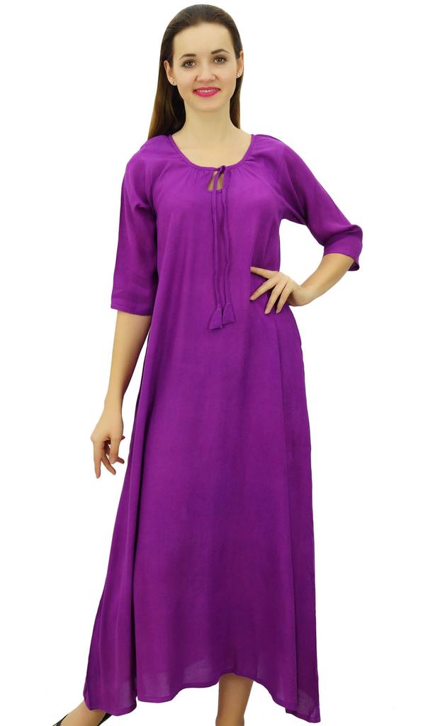 Bimba Women Rayon Purple Night Gown 3 4 Sleeve Long Maxi Night Dress