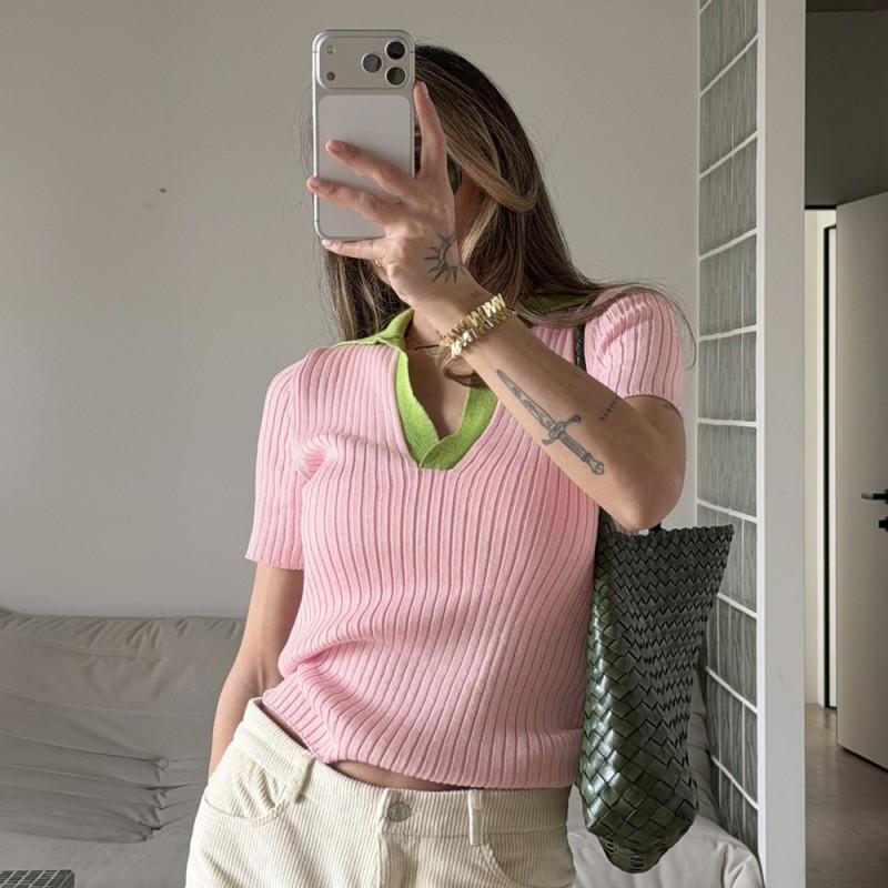 2026 Contrast Color Polo Neck Slim Fit Knit T Shirt Women