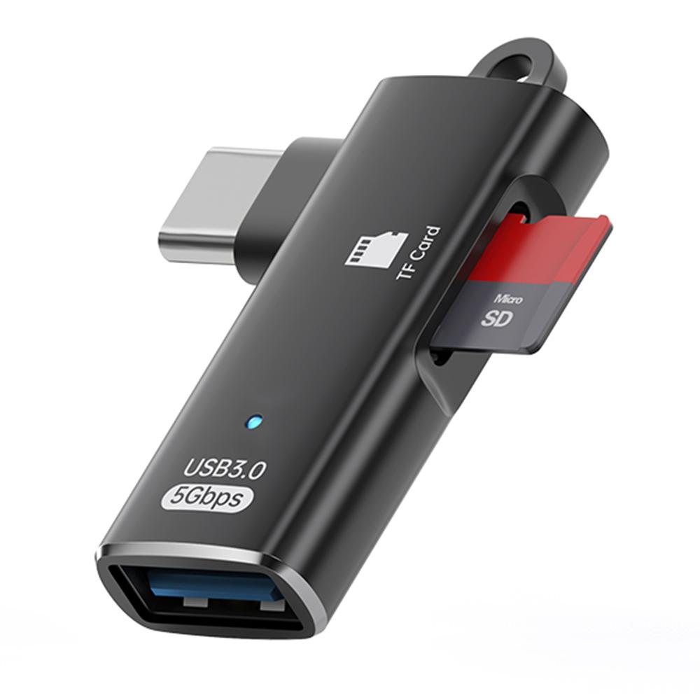 TYS-304 Angled Type-C OTG Adapter to USB 3.0 + TF Card Slot Converter for Mouse/Keyboard/Flash Drive/SSD