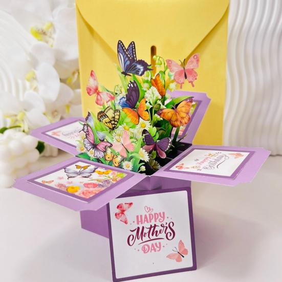 Открытка-раскладушка «Бабочка» Изготовленная вручную объемная бумажная цветочная открытка-раскладушка «Букет цветов» на день рождения, годовщину, День матери