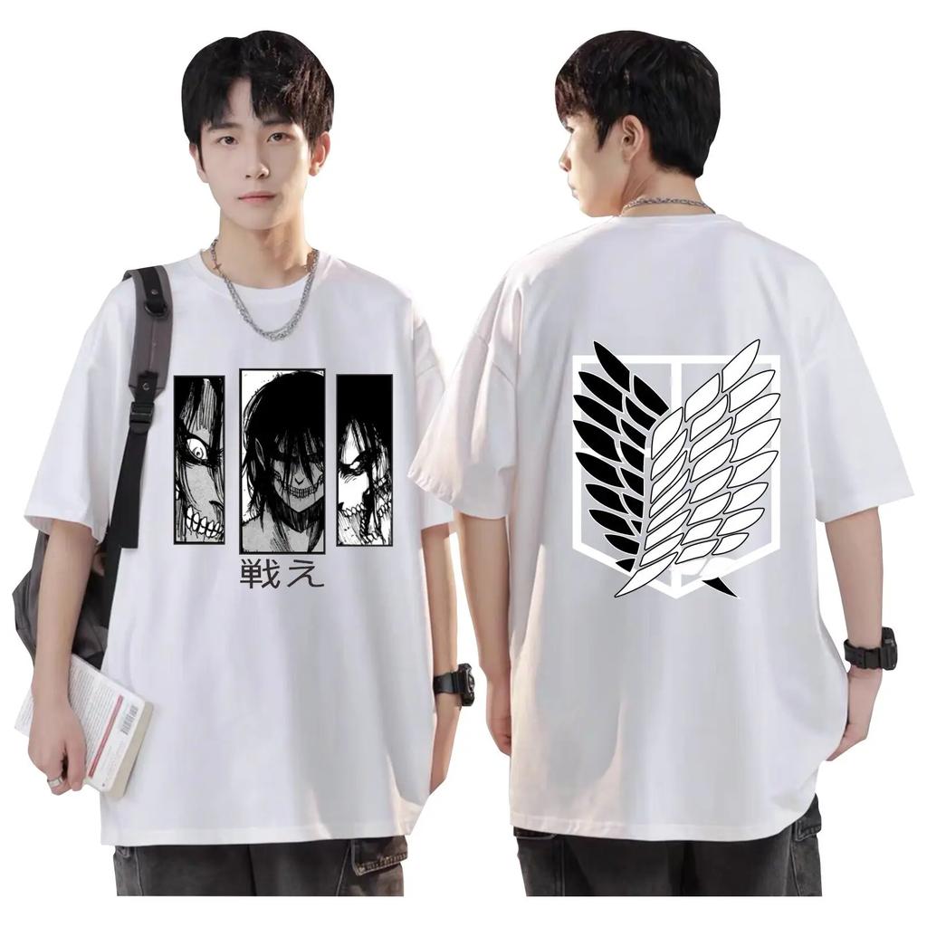 Patterned printed T-shirt with "Attack on Titan" cartoon design - pure cotton men and women trendy and versatile for the street