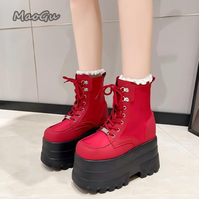 Fashion Height Increasing Super High Heeled Women's Boots Thick Bottom Lace Up Sneakers Anti-slip Breathable Cos Shoes Bottes Femmes